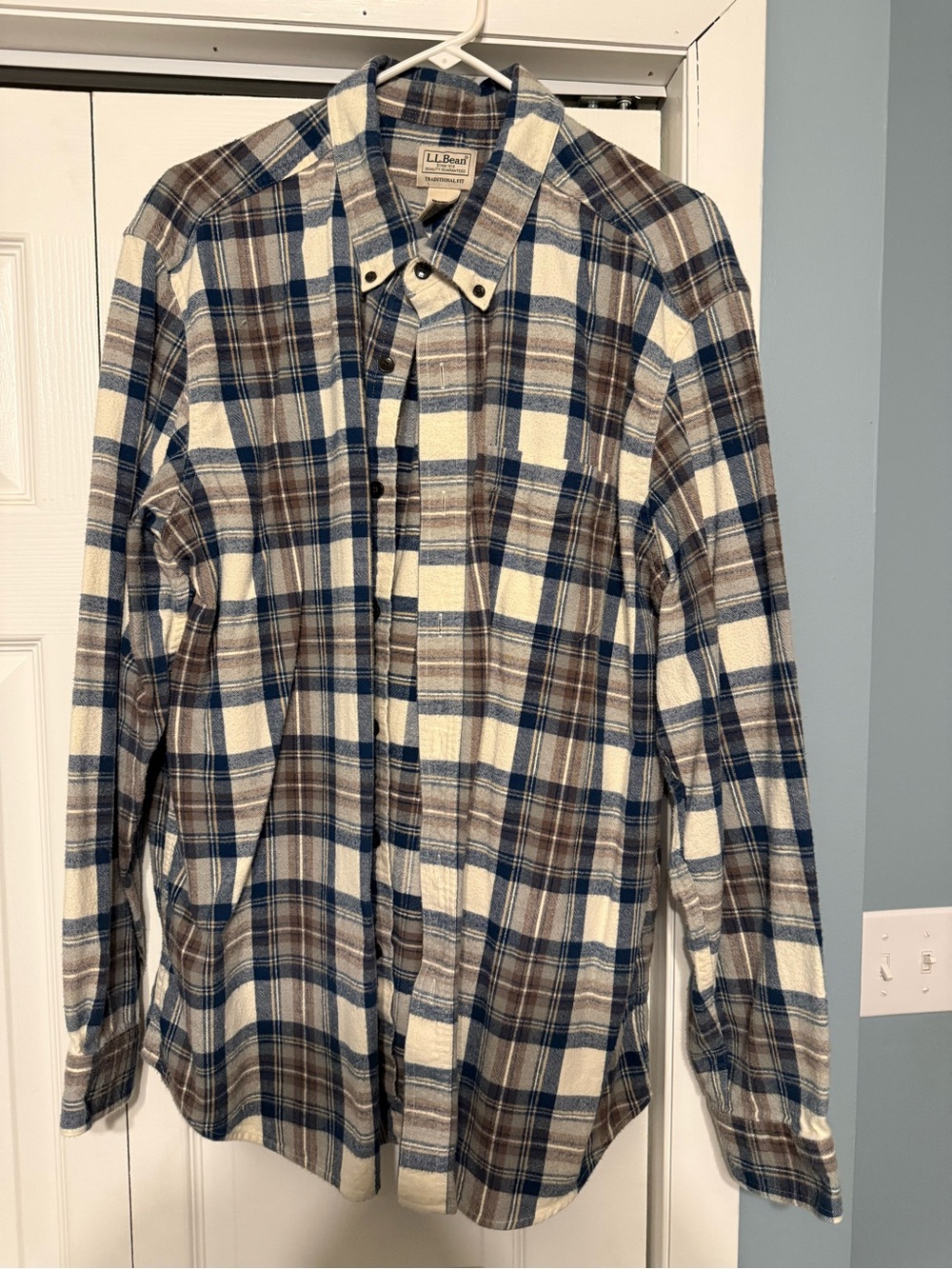 L.L. Bean Cream, Blue & Brown Plaid Button-Down Shirt